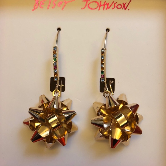 Betsey Johnson Gold Tone Metal Bow Drop Earrings Crystal Accents NIB - Picture 2 of 13